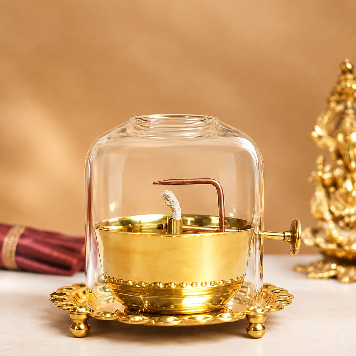 Akhand Jyot Diya with Wick Lifting & Flame Control – Brass + Glass (300 ml)