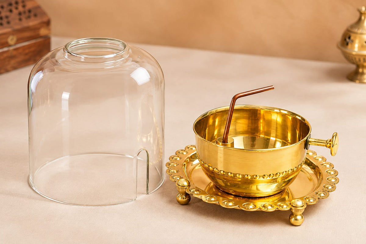 Akhand Jyot Diya with Wick Lifting & Flame Control – Brass + Glass (300 ml)
