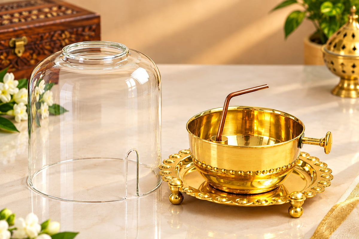 Akhand Jyot Diya with Wick Lifting & Flame Control – Brass + Glass (300 ml)