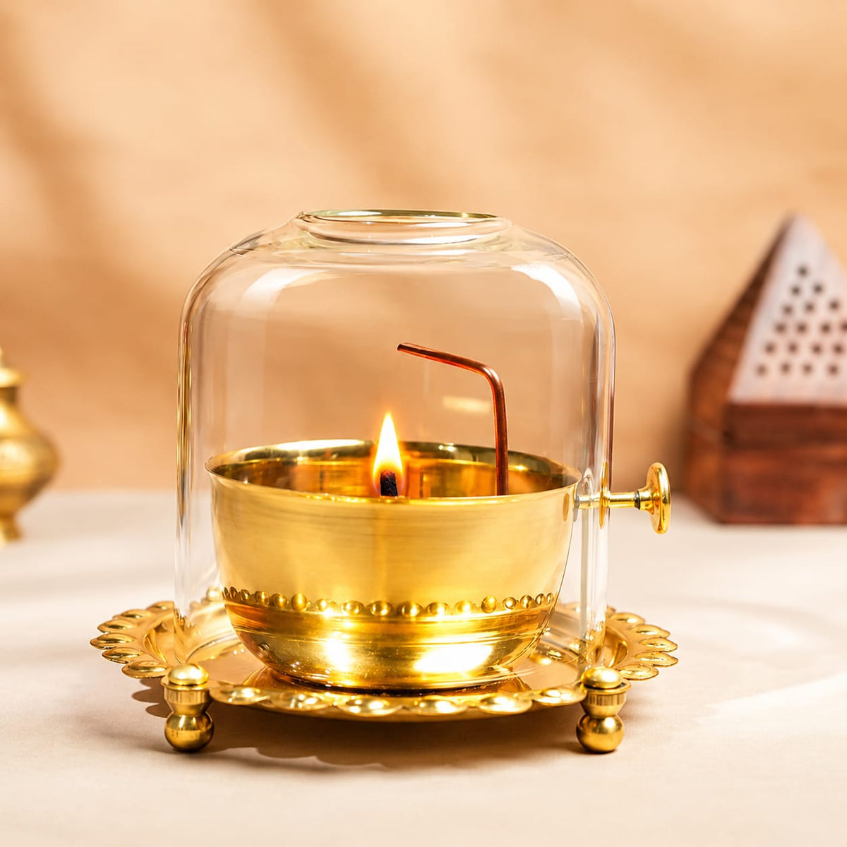 Akhand Jyot Diya with Wick Lifting & Flame Control – Brass + Glass (300 ml)